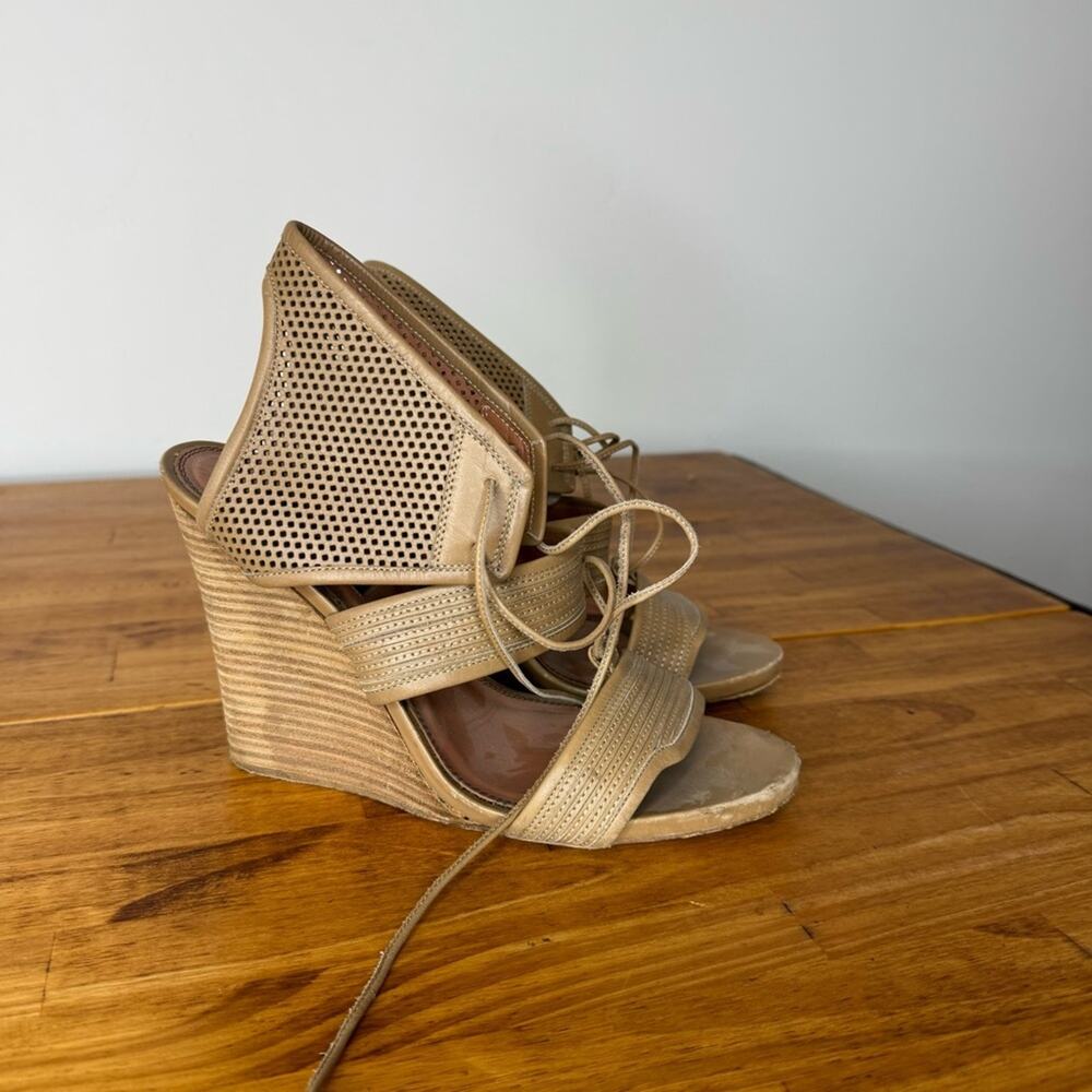 Derek Lam Brooklyn Tan Leather Perforated Lace Up Wedge Heels Sandals Size 8.5